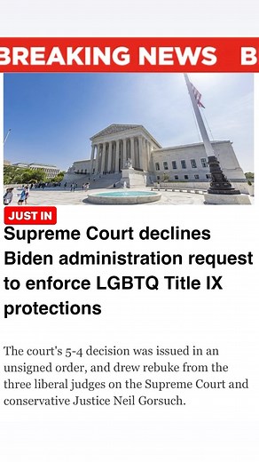 BIG WIN for women’s rights.. Supreme Court declines Biden administration request to enforce LGBTQ Title IX protections The court’s 5-4 decision was issued in an unsigned order, and drew rebuke from the three liberal judges on the Supreme Court and conservative Justice Neil Gorsuch. #SCOTUS | Justin Barclay