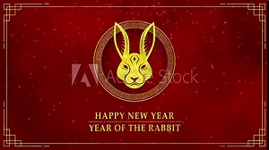 Motion graphic of Golden rabbit logo with chinese new year and year of the Rabbit 2023 on dark red background and glitter particle in a happy new year concept abstract background seamless loop video