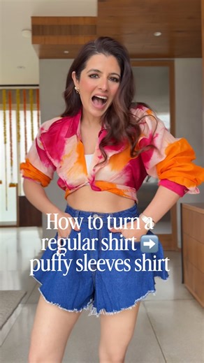 Natasha Luthra on Instagram: "On my shirts as a skirt DIY, so many of you asked me for the link to my white puffy sleeve shirt 🤍 It’s super old so I couldn’t find it… but I did find a way to DIY the look. Here’s a quick hack to get that puffy sleeves effect with literally any shirt ✨ Save, share, try - and thank me later 😉 [DIY shirt hack, fashion hacks, styling tricks, upcycled fashion, easy fashion DIY, shirt styling hacks, quick and easy DIYs, how to style a shirt, voluminous sleeves hack]"