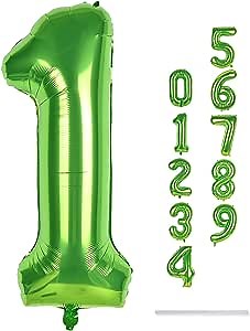 40 Inch Green Number 1 Balloon for 1st Birthday Decoration, Large Self Inflate Foil Number Balloons 0-9 for Boys Girls, Digit 1 Helium Balloons for Women Men Jungle Safari Party Anniversary Supplies