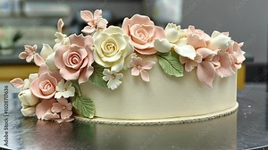 A white cake decorated with pink and white fondant flowers sits on a silver cake stand