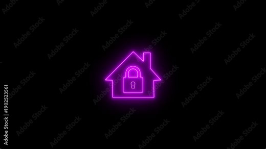 Glowing neon line House under protection icon isolated on black background. Protection, safety, security, protect, defense concept. Neon lock sign up arrow inside house icon. neon home and lock icon.