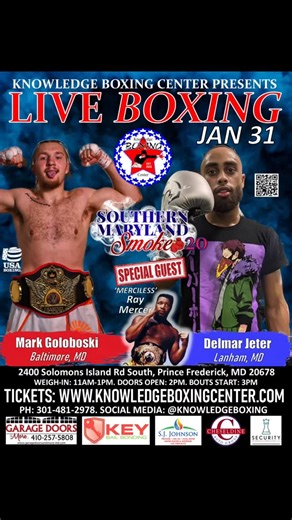 Knowledge Boxing Center on Instagram: "Mark Goloboski @groundcontrol.owings.mills vs Delmar Jeter @2flyboxingclub_fightpage Tickets: www.knowledgeboxingcenter.com (Link in Bio) Experience the raw power and heart of the Southern Maryland boxing scene on January 31, 2026 in Calvert County, MD! The Knowledge Boxing Center presents an afternoon of high-octane energy, featuring over 15 adrenaline-pumping bouts of non-stop amateur action. From the electrifying roar of the ringside seats to the elite v