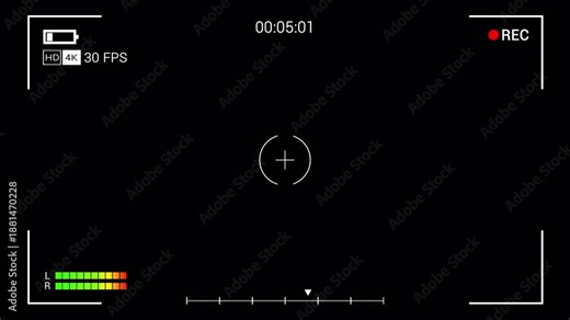 Camera DSLR Viewfinder HUD Square Recording Overlay Alpha Channel White Frame Circular Focus Audio Level Gyro Indicator Rec Dot Timer 4K Transparent Background