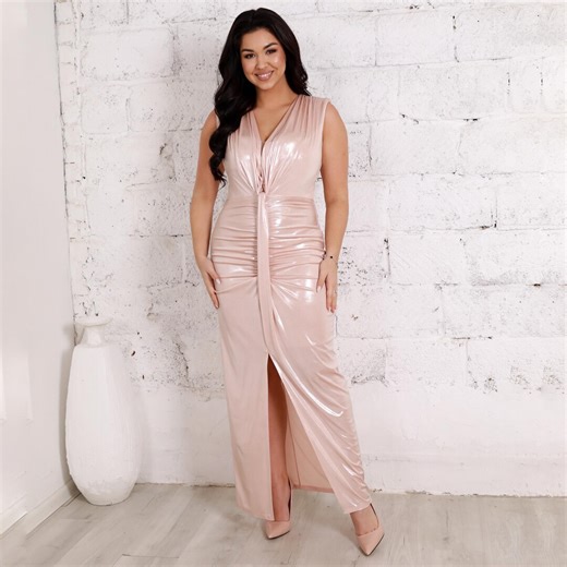 Nude Pink Metallic Maxi Dress, Sleeveless Bodycon Gown, High Slit - Etsy