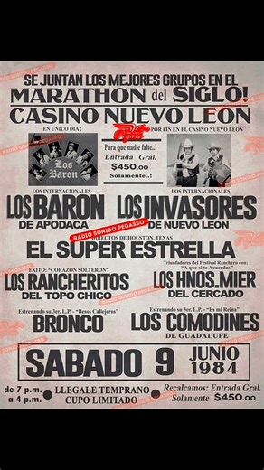 LOS AÑOS VIEJOS 1984 Marathon Musical del Siglo ¿Ya viste a BRONCO casi abriendo el baile? Cuantos exitos en todas estas agrupaciones ¿CUAL ES TU FAVORITO? COMENTALO #LosBaronDeApodaca #LosInvasoresDeNuevoLeon #InvasoresDeNuevoLeon #elsuperestrella #LosRancheritosDelTopoChico #catarinoleos #LosMier #grupobronco #BroncoEsBronco #loscomodinesdeguadalupe #RadioSonidoPegasso #LomeliDJ | Radio Sonido Grupero