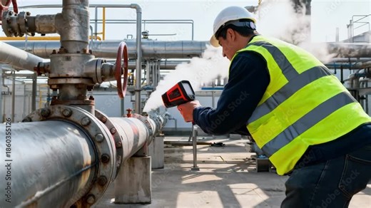 Engineer employs infrared camera to scan pipeline surface detecting heat anomalies indicating possible leaks