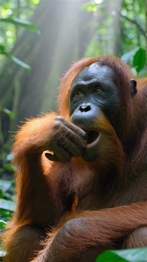 orang utan is eating peanut