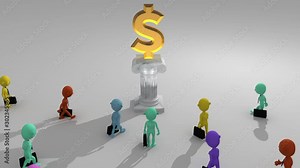 A multitude of colorful 3d characters approach to worship a money symbol seated on a pedestal