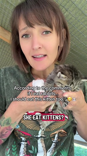 Well, according to the comments, if I raise meat rabbits, I should be eating this kitten too. 😅 Believe it or not, that's an actual argument people make. Here's the thing... On a homestead, not every animal has the same purpose. Some animals are livestock. Some are working animals. Some become pets. This little kitten is a barn cat. Her job is helping control mice and rats around the homestead. This little rabbit was raised as livestock. People seem to understand that some cows are pets while o