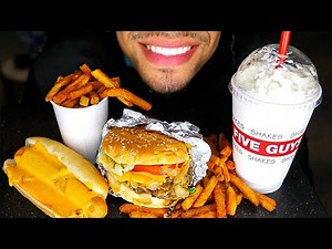 ASMR FIVE GUYS BURGERS & FRIES CHEESE HOT DOG OREO MILKSHAKE MUKBANG EATING MOUTH SOUNDS NO TALKING