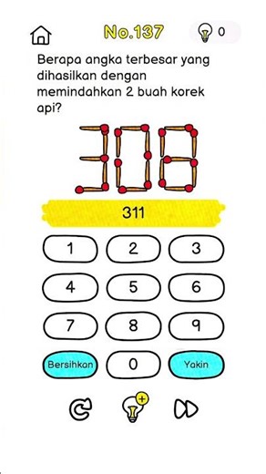 Solusi Brain Out Level 137, Berapa angka terbesar yang dihasilkan 2 korek api
