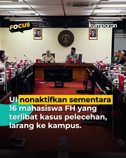 Universitas Indonesia (UI) membekukan sementara status akademik 16 mahasiswa Fakultas Hukum (FH) buntut kasus dugaan pelecehan seksual dalam grup chat. Langkah tersebut diambil berdasarkan Surat Memo Internal Rencana Tindak Lanjut Pemeriksaan (RTLP) dari Satuan Tugas Pencegahan dan Penanganan Kekerasan (Satgas PPK) UI, tertanggal 15 April 2026. Satgas secara resmi merekomendasikan pembekuan status kemahasiswaan sementara terhadap 16 mahasiswa terlapor. Penonaktifan sementara selama periode 15 Ap