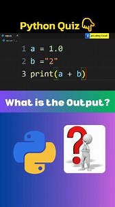 Can you guess the output of this Python code? This short Python quiz explains TypeError, float vs string, and type casting in a simple way. Perfect for Python beginners, coding students, and programming quizzes. 👉 Follow for more Python MCQ, coding quiz, and programming tricks #PythonQuiz #PythonMCQ #CodingQuiz #LearnPython #ProgrammingReels #PythonError #TypeError #CodingShorts #DeveloperLife #PythonBeginners | Coding Cloud