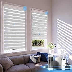 Motorized Zebra Blinds with Remote,Rechargeable Smart Electric Cordless Shade，White，32" W X 72" H
