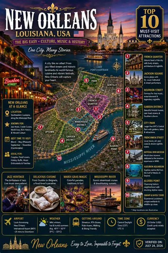 🎺 Welcome to New Orleans, Louisiana — where every street tells a story! 🇺🇸 Experience the soul of the Big Easy, from the vibrant French Quarter and legendary Bourbon Street to world-famous jazz, Creole cuisine, historic architecture, and unforgettable festivals. Whether you're planning your first visit or returning for another adventure, this premium travel guide has everything you need to explore New Orleans with confidence. 📌 Save this guide for your next trip and share it with someone who
