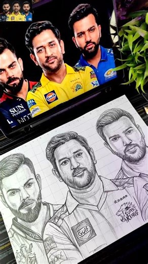 GOAT Trio 🐐🔥 Virat Kohli, Rohit Sharma & MS Dhoni Drawing🔥❤️‍🩹✍️ #shorts #ipl #rcb #csk #cricket