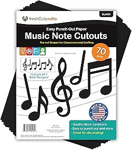 70 pcs Black Music Notes Cutouts Musical Party Decorations in 7 Designs, US Made Card Stock Easy Punch Out for Concert, 50s Rock & Roll Party, Musical Play, Bulletin Board, Music Themed Crafts