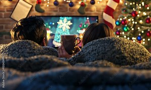 Couple snuggled up under a blanket, watching a Christmas movie together with warm drinks in hand