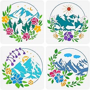 FINGERINSPIRE 4PCS Floral Mountain Painting Stencil Set - 11.8x11.8 inch Nature Landscape Painting Template for Wall, Wood DIY Home Decor