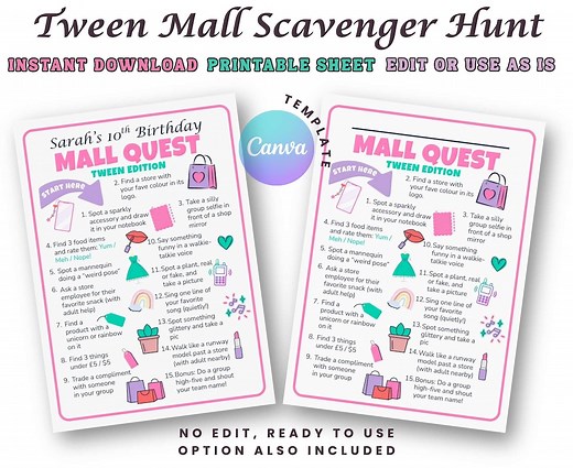Tween Mall Scavenger Hunt Game: Birthday Party Activity (canva Template) - Etsy