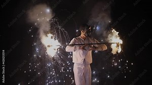 Fire dancer and Fire Show Amazing Firework nightlife show on beach.
