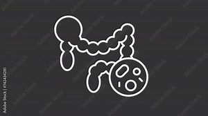Animated gut virus white icon. Gastroenteritis line animation. Gut microbiota, flora. Digestive infection. Isolated illustration on dark background. Transition alpha video. Motion graphic