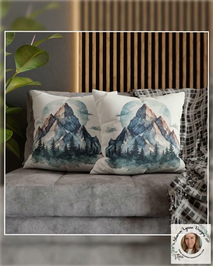 Watercolor Mountain Landscape Faux Suede Square Pillowcase | Rustic Home Decor Throw Pillow Cover