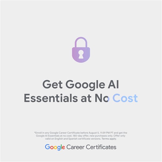 31K views · 557 reactions | You can now get access to our Google AI Essentials course at no cost when you sign up for any Google Career Certificate. Offer ends 8/5. Terms apply*. Enroll today → https://goo.gle/3KtpRNF https://www.coursera.org/about/terms #GrowWithGoogle | Google | Facebook