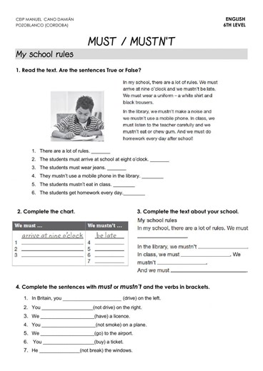 Rules: must, mustn't worksheet