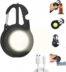 Mini Flashlight 1000Lumens Rechargeable COB Pocket Portable Keychain Flashlight with Bottle Opener Keychain 4 Tools for Outdoors Camping, Fishing, Emergency