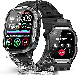Military Smart Watches for Men-2.06”AMOLED Bluetooth Calls, IP68 Fitness Activity Step Tracker with Sleep Monitor/Pedometer/ 110+ Sports Modes, Tactical Smart Watch for Android iOS Samsung Compatible