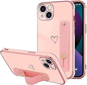 Compatible with iPhone 13 Case for Women Girls, Bling Luxury Plated Bumper with Cute Love-Heart Design, Adjustable Hand Strap Stand, Raised Edges Shockproof Protection for iPhone 13 - Pink