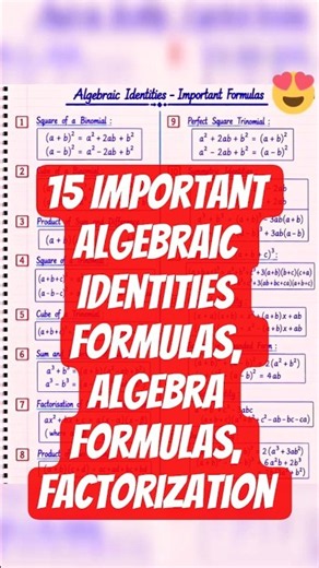 15 Important Algebraic Identities Formulas 🔥| Algebra Formulas, Factorization & Maths Tricks #Shorts