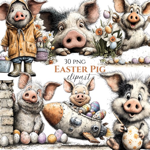 Watercolor Easter Pig Clipart Bundle, Farm Animal PNG (30 PNG) - Etsy
