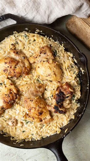 Creamy Lemon Basi Orzo with Cast Iron Chicken We call this one Mac and cheese adjacent because it's the perfect dish that satisfies the adults and the kids. This is an Easy Weeknight Meal I love to make along with some roasted broccoli or sauteed broccoli rabe! Comment 'monday' and I'll send this recipe right to your inbox! All of my recipes are available on AlwaysFromScratch.com #italianfood #familymeals #easyrecipes #alwaysfromscratch | Always From Scratch