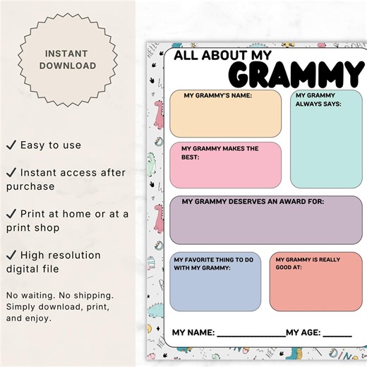 All About My Grammy Dinosaur Printable, Mother’s Day Kids Activity for Grandma, Fun Fillable Worksheet, Instant PDF Download - Etsy