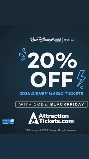 Are you ready for a magical 2026? Get 20% OFF Disney Magic Tickets in our Black Friday Sale and enjoy 4 incredible Theme Parks, Water Park fun, and more at Walt Disney World Resort in Florida!🖤✨🏰 👉 Use code: BLACKFRIDAY at checkout. 🔒Secure your adventure today with a deposit of just £50pp. T&Cs apply. | AttractionTickets.com