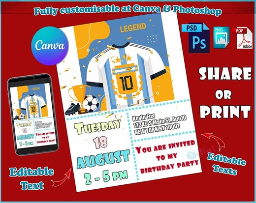 Editable Birthday Party Invitation Template PSD-PDF File - Argentina Messi Maradona Jersey Template for Photoshop Canva, Sign Print or Share - Etsy
