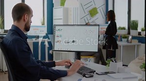 Corporate employee working on data charts design with keyboard and computer. Engineer using technology for business development with project planning and data for chart presentation