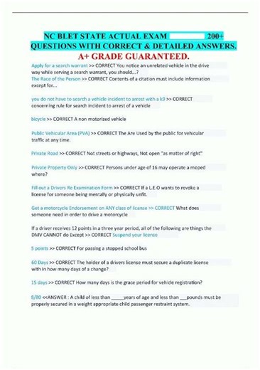 Latest NC BLET STATE ACTUAL EXAM 200 QUESTIONS WITH CORRECT DETAILED ANSWERS A GRADE GUARANTEED5 vid