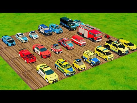 TRANSPORTING COLORFUL CARS, POLICE, AMBULANCE & FIRE TRUCKS | FS22