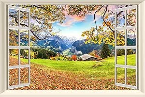 Fake Window Wall Sticker Fall Village Farmhouse Decal Landscape Faux Window Poster Office Mural Art Decor,Stick and Peel Natural Scenery Decol Scene 16"x24"