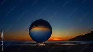 time lapse sunset over sea in crystal ball beside the beach video 4K. .Nature video High quality footage time lapse day to night in nature and travel concept..Unique and creative travel nature idea.