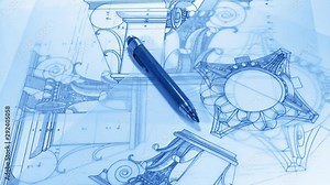 workplace of the architect: blueprints - pencil and drawings of antique decorative elements of architectural orders / seamless looping