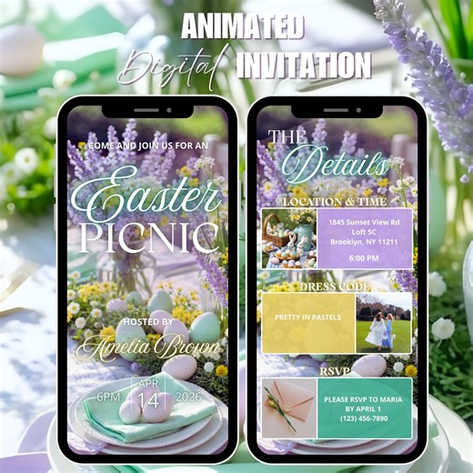 Easter Picnic Invitation, Digital Easter Party Invite, Floral Spring Picnic Invitation, Editable Phone Evite, Animated Video Invite - Etsy
