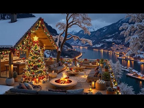 Warm Deep Jazz by the Christmas Fireplace 🎄 Cozy Snowy Terrace Café Ambience for Quiet Winter Nights