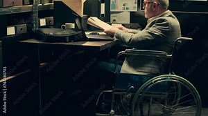 Detective wheelchair user gather criminal case clues from archived documents, analyzes autopsy reports and medical records for forensic insights. Agent create interactive timelines. Camera A.