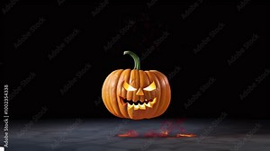 A carved pumpkin is engulfed in flames, with sparks flying out from the sides. The pumpkin has a scary grin and glowing eyes.