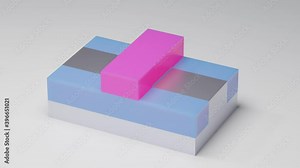 CMOS transistor 3D render. Metal oxide semiconductor field effect transistor is a component for building semiconductor chips and integrated circuits. Pink - Gate, blue - Insulator, silver - Substrate.